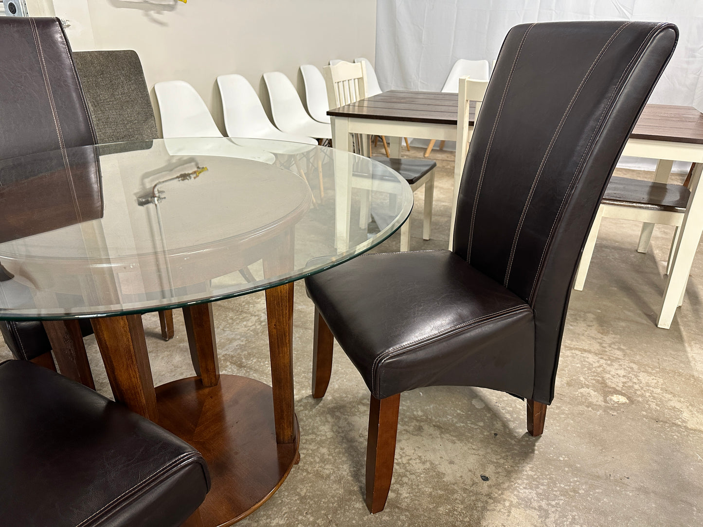 Glass Dining Table and Leather Dining Chairs