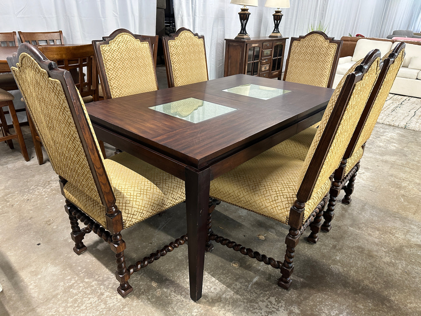 Glass Accented Wood Dining Table and Dining Chairs