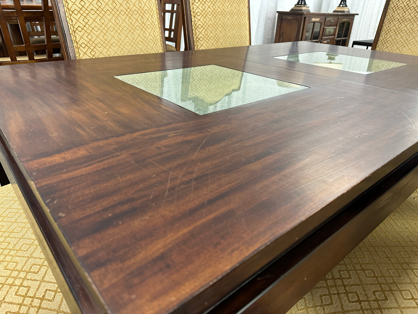 Glass Accented Wood Dining Table and Dining Chairs