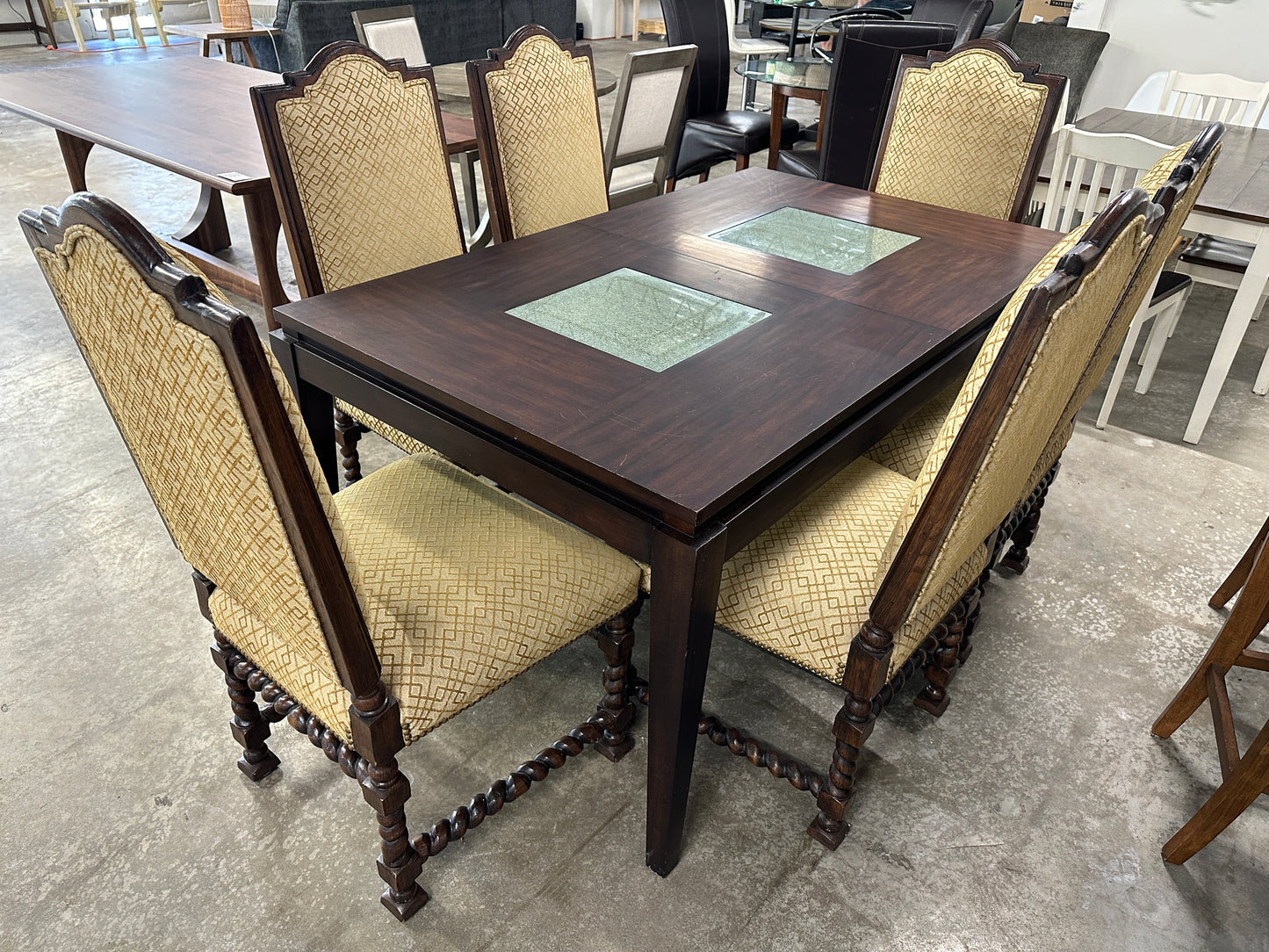 Glass Accented Wood Dining Table and Dining Chairs