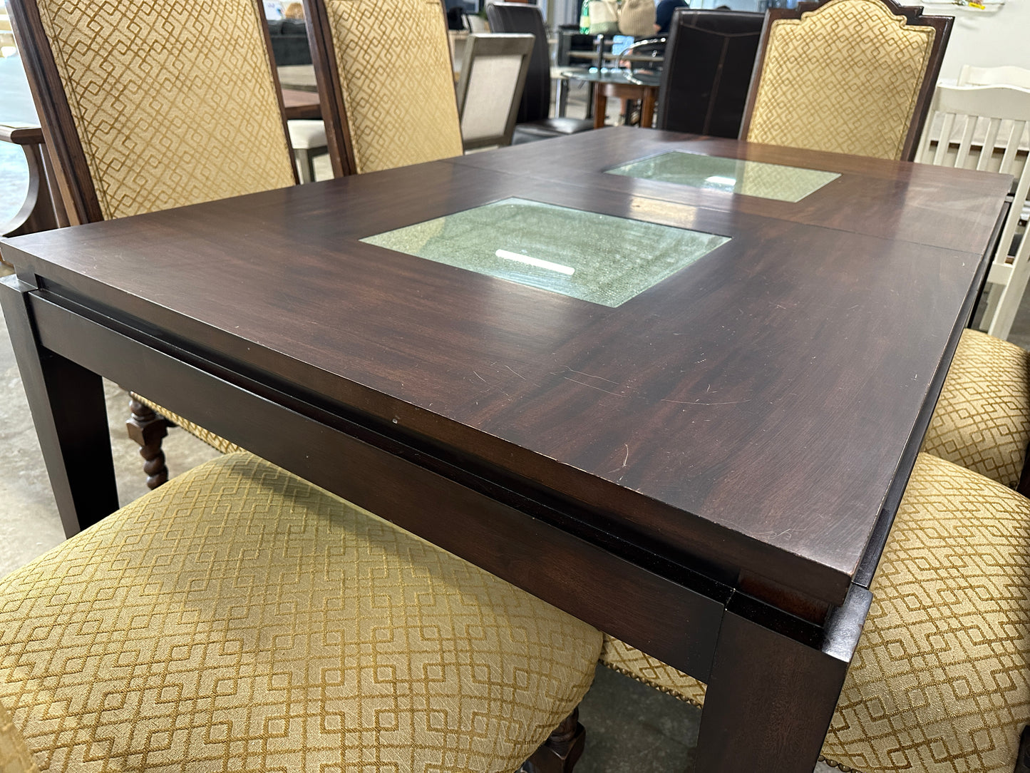 Glass Accented Wood Dining Table and Dining Chairs