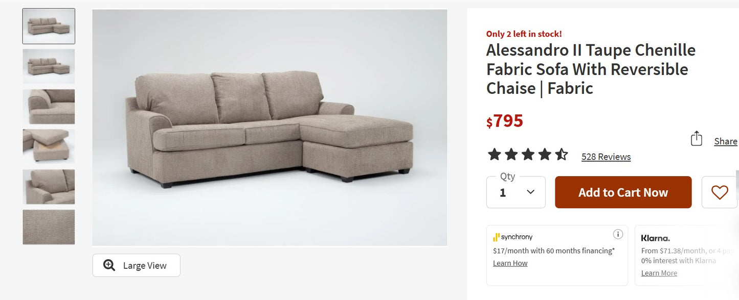 Alessandro II Taupe Chenille Sofa With Reversible Chaise
