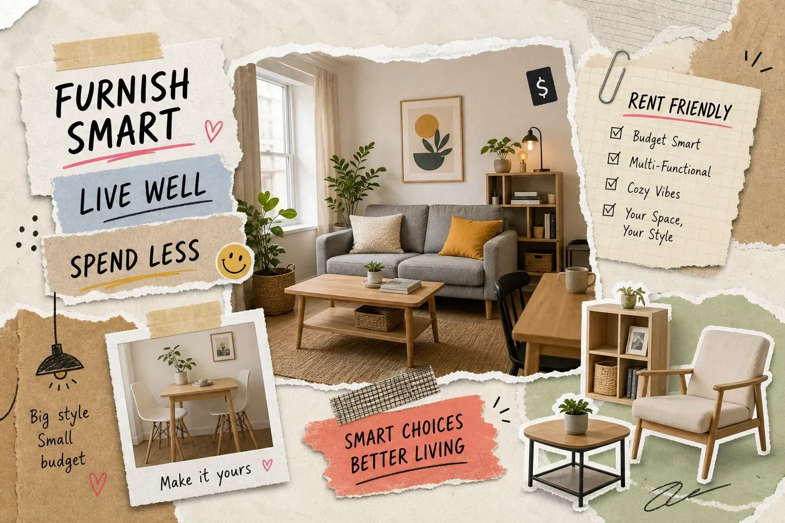 Affordable apartment furniture in a small Austin rental - a gray loveseat, wood coffee table, compact dining set, and open shelving