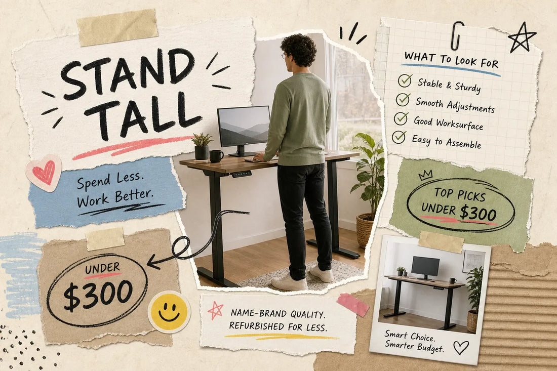 Budget standing desk in Austin, TX - a man at an adjustable-height sit-stand desk in a home office, with a checklist of what to look for, Fresh Start Furniture