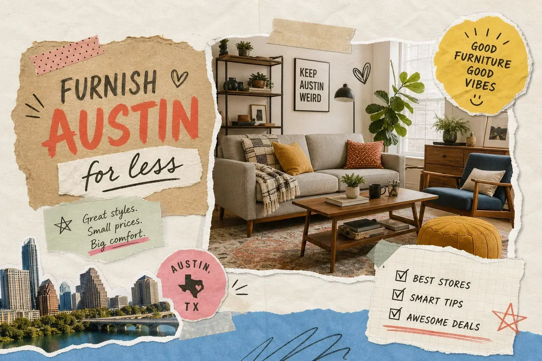 Cheap furniture in Austin, TX - a styled living room with a gray sofa, walnut coffee table, blue accent chair, and shelving, with the Austin skyline