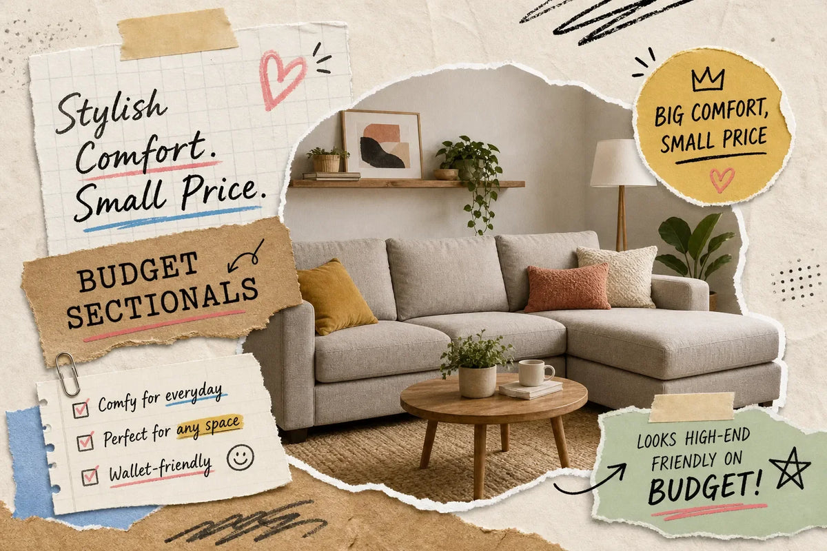 Cheap sectional couches in Austin, TX - a budget gray L-shaped sectional with chaise styled in a cozy living room, Fresh Start Furniture