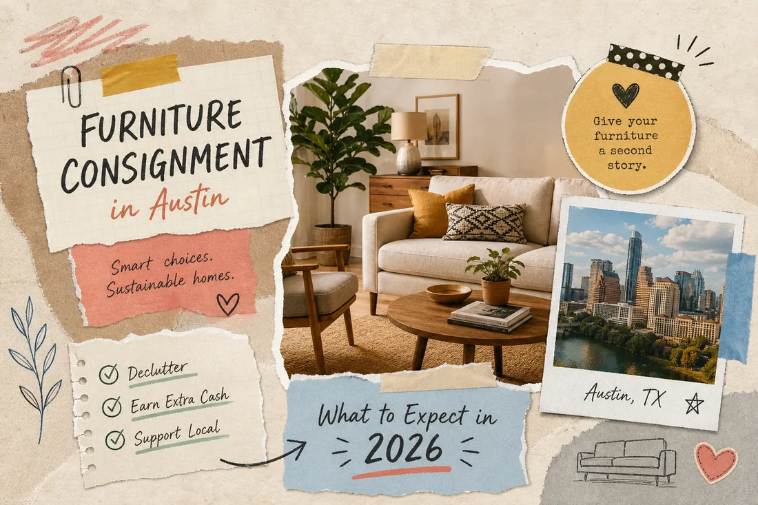 Furniture consignment in Austin, TX - a refurbished sofa, armchair, and coffee table styled in a living room with the Austin skyline