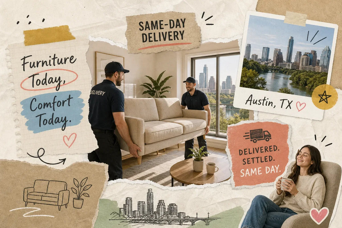 Fresh Start Furniture delivery team carrying a sofa into an Austin apartment with the downtown skyline behind - same-day furniture delivery in Austin, TX