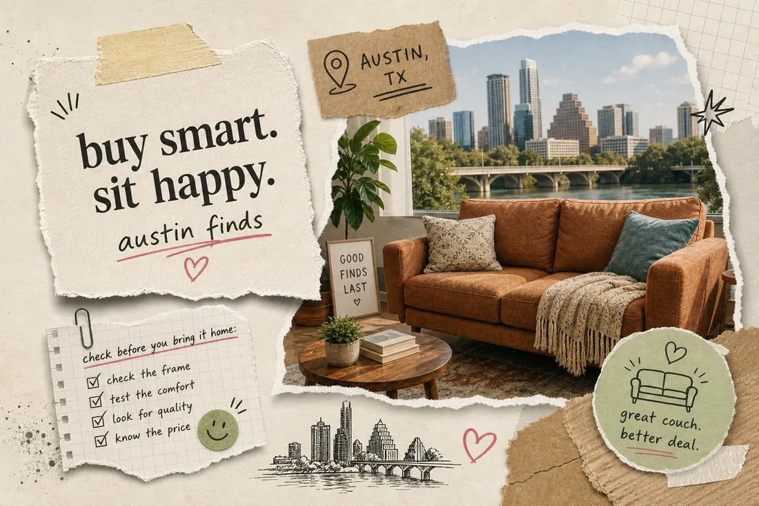 Tips for buying used couches in Austin - a restored brown leather sofa with throw pillows and a wood coffee table, with the Austin skyline