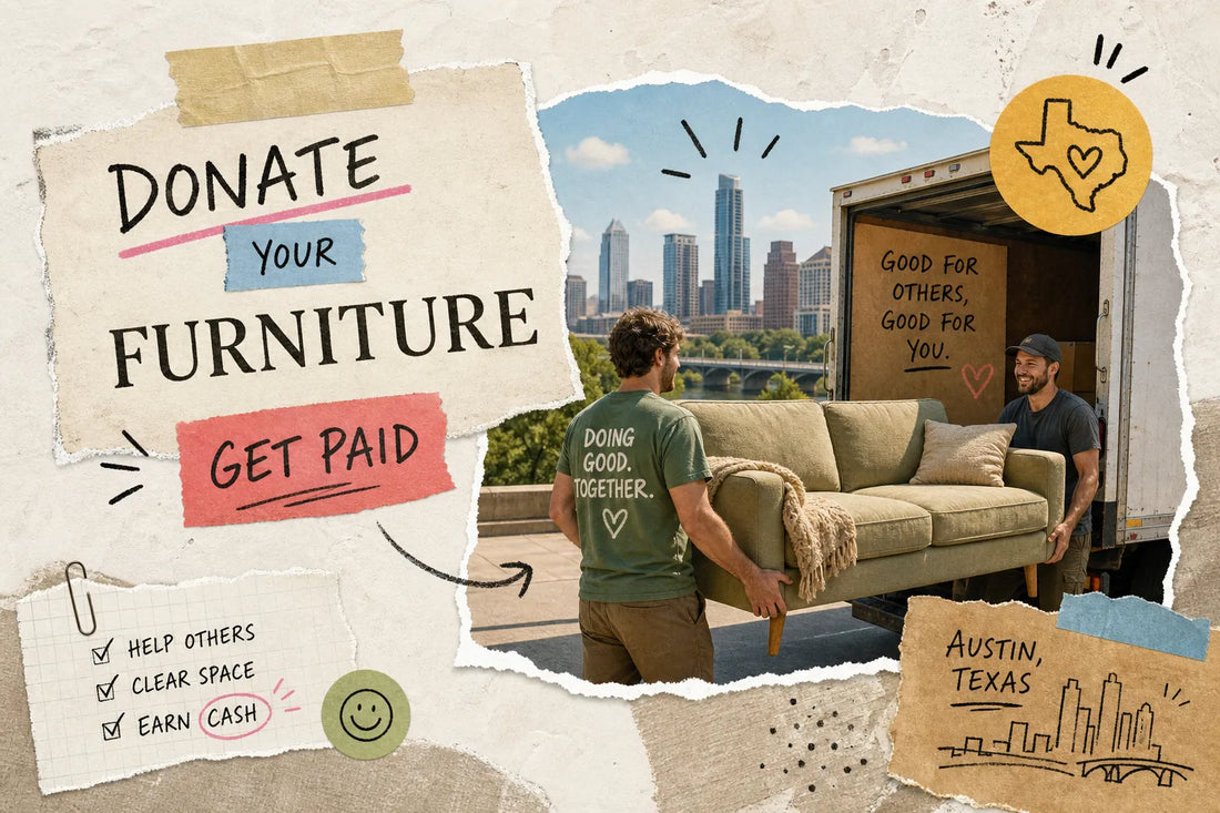 Where to drop off furniture in Austin and get paid - two movers loading a used sofa into a truck with the Austin skyline, Fresh Start Furniture Co