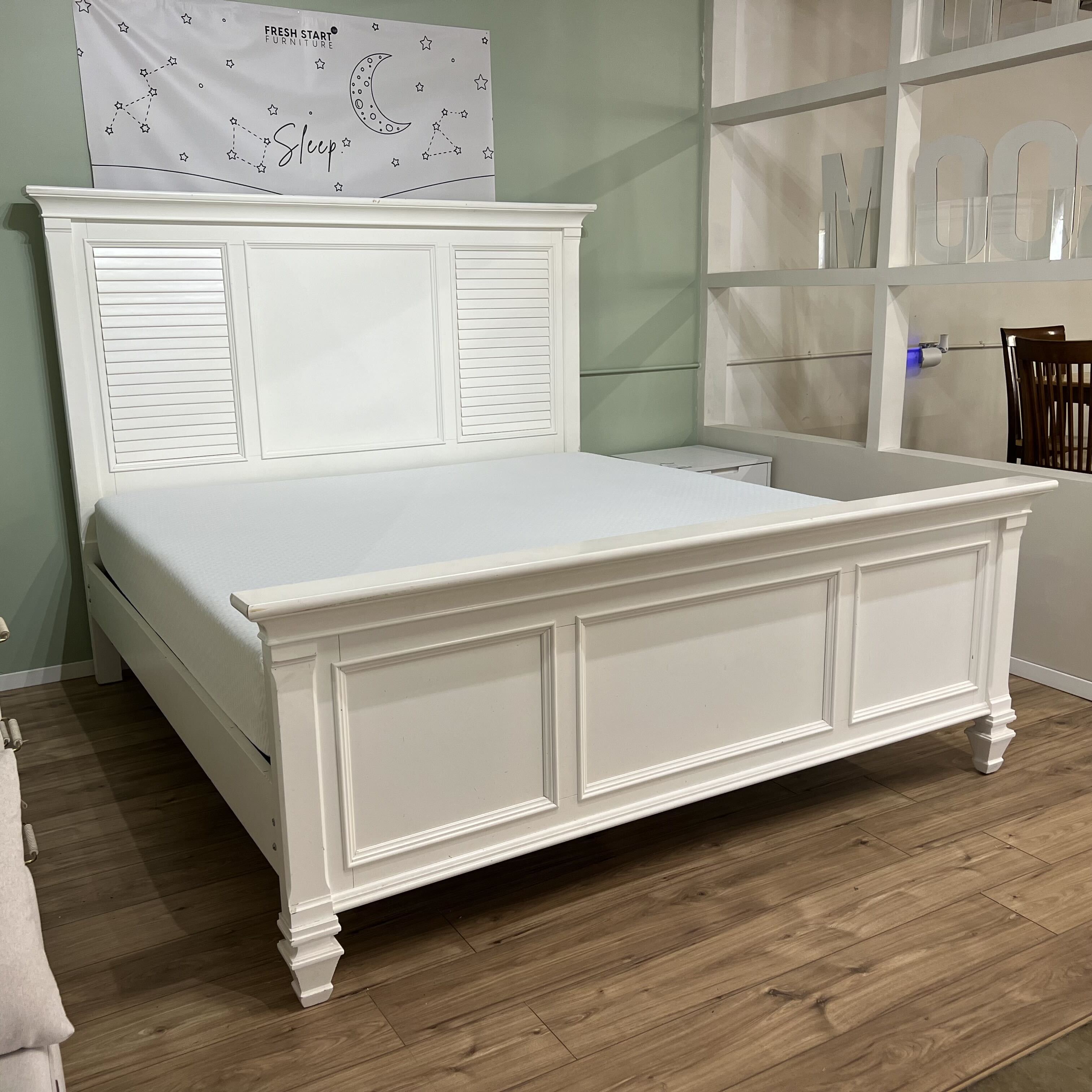White wood king bed footboard with panel detail