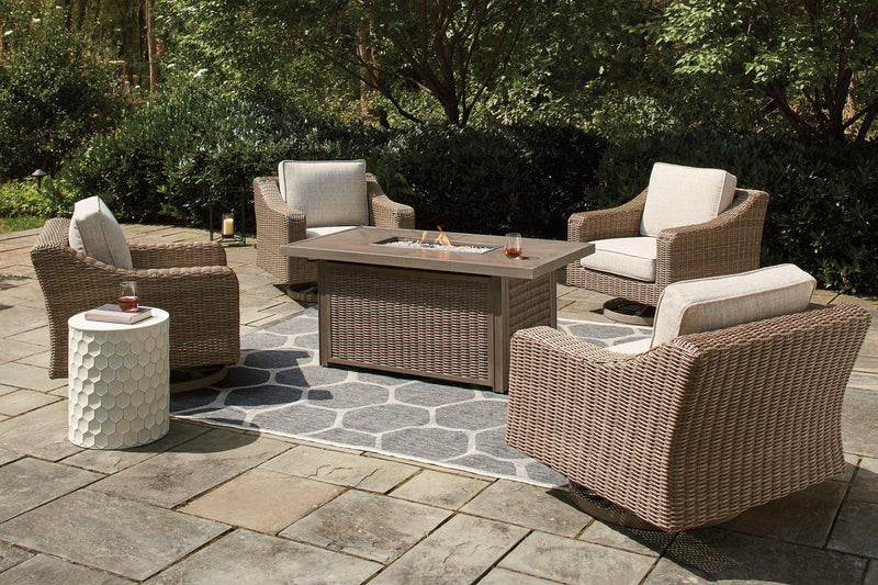 Beachcroft Beachcroft Fire Pit Table with Four Nuvella Swivel Lounge Chairs -  Ashley Furniture Outdoor Seating Set
