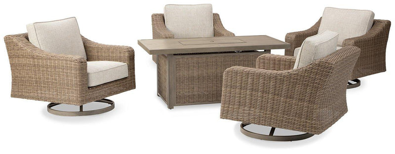 Beachcroft Beachcroft Fire Pit Table with Four Nuvella Swivel Lounge Chairs -  Ashley Furniture Outdoor Seating Set