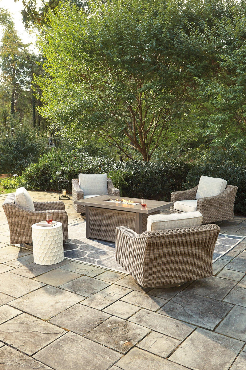 Beachcroft Beachcroft Fire Pit Table with Four Nuvella Swivel Lounge Chairs -  Ashley Furniture Outdoor Seating Set