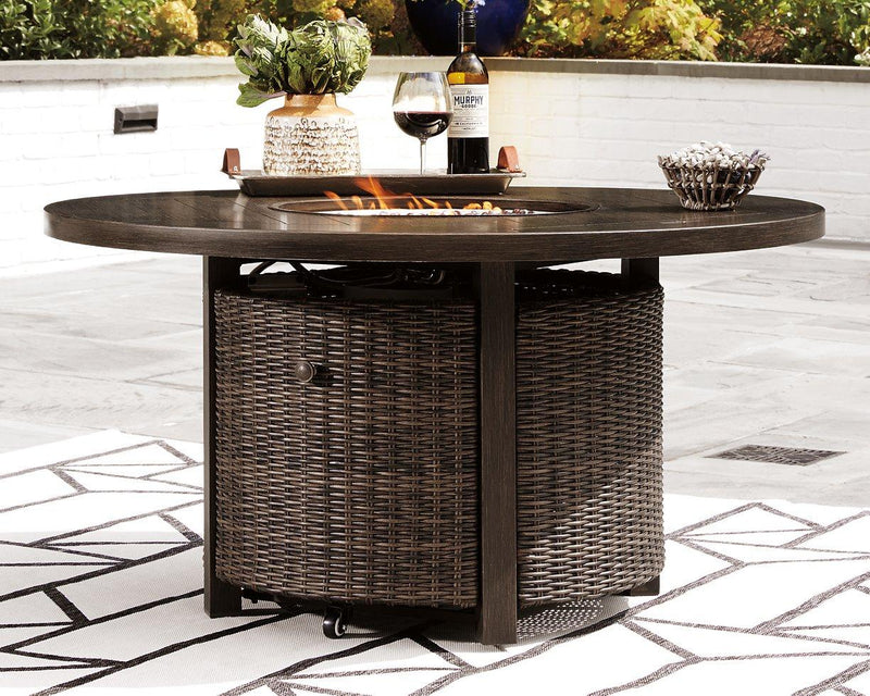 Paradise Trail Paradise Trail Fire Pit Table with 4 Nuvella Swivel Lounge Chairs Ashley Furniture Outdoor Seating Set  Fresh Start Furniture