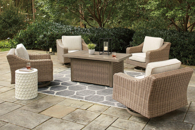 Beachcroft Beachcroft Fire Pit Table with Four Nuvella Swivel Lounge Chairs -  Ashley Furniture Outdoor Seating Set
