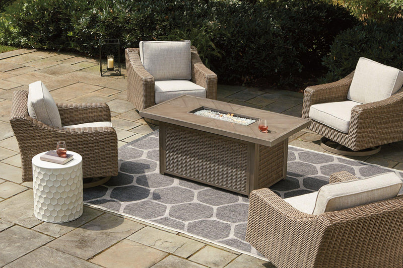 Beachcroft Beachcroft Fire Pit Table with Four Nuvella Swivel Lounge Chairs -  Ashley Furniture Outdoor Seating Set