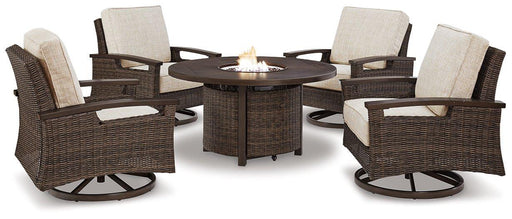 Paradise Trail Paradise Trail Fire Pit Table with 4 Nuvella Swivel Lounge Chairs Ashley Furniture Outdoor Seating Set Default Title Fresh Start Furniture
