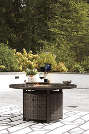 Paradise Trail Paradise Trail Fire Pit Table with 4 Nuvella Swivel Lounge Chairs Ashley Furniture Outdoor Seating Set  Fresh Start Furniture