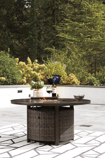 Paradise Trail Paradise Trail Fire Pit Table with 4 Nuvella Swivel Lounge Chairs Ashley Furniture Outdoor Seating Set  Fresh Start Furniture