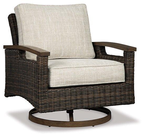 Paradise Trail Paradise Trail Fire Pit Table with 4 Nuvella Swivel Lounge Chairs Ashley Furniture Outdoor Seating Set  Fresh Start Furniture