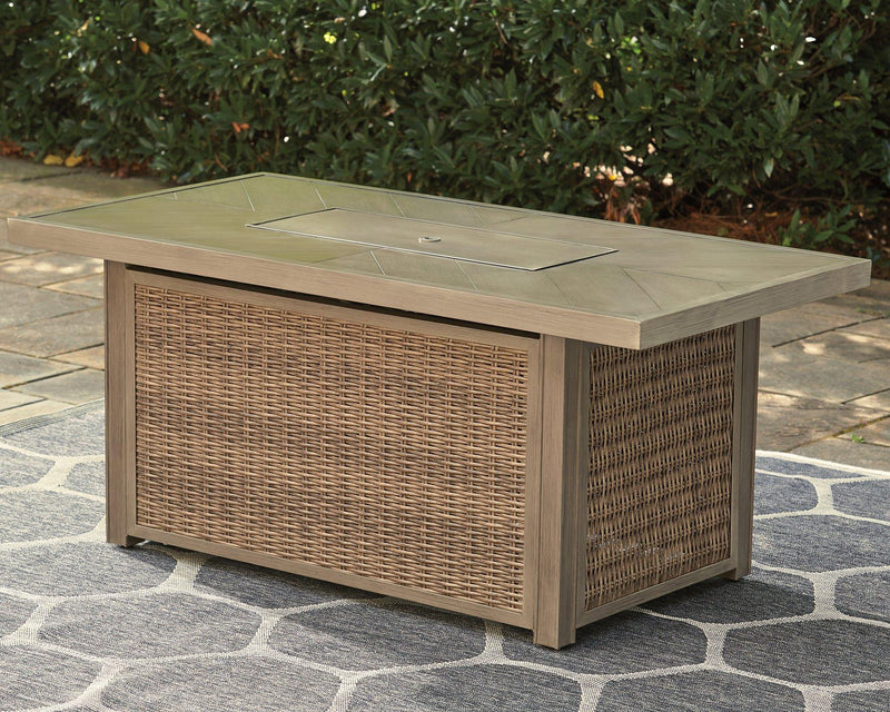 Beachcroft Beachcroft Fire Pit Table with Four Nuvella Swivel Lounge Chairs -  Ashley Furniture Outdoor Seating Set