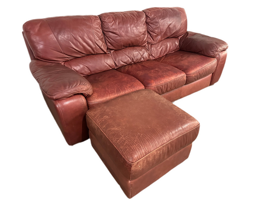 Terracotta Leather Sofa w/ Ottoman