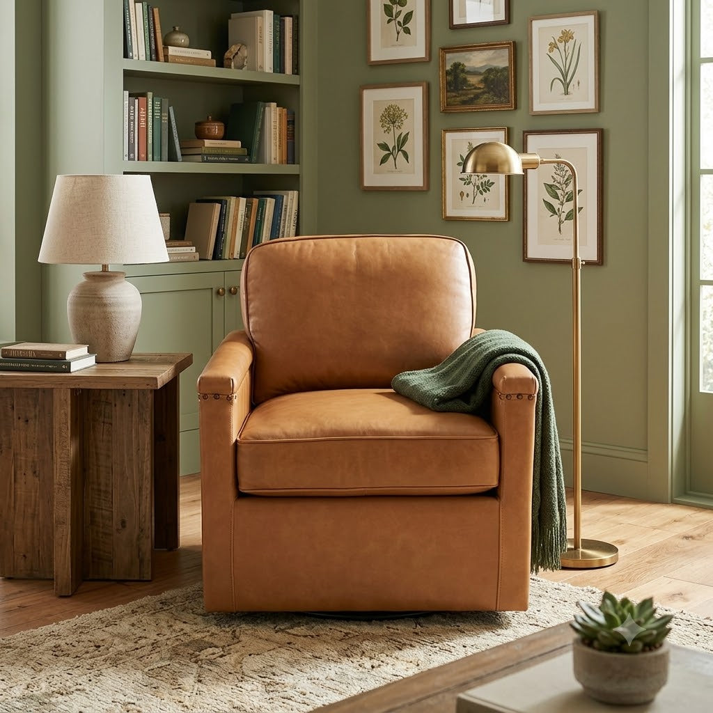 Jayden Creation Camel Leather Swivel Arm Chair