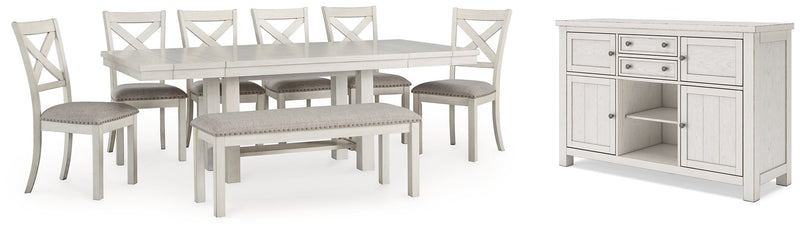 Robbinsdale Dining Package Ashley Furniture Casual Seating Set 9-Piece: Server/Dining Table/Bench/6-Dining Chair Fresh Start Furniture