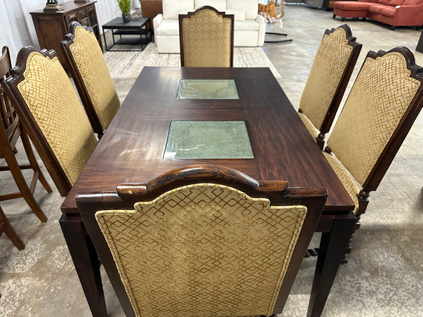 Glass Accented Wood Dining Table and Dining Chairs