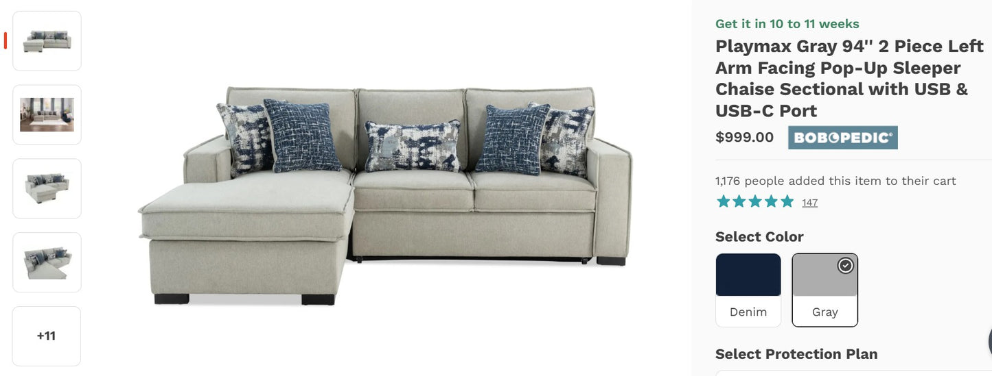 Playmax 2 Piece Sleeper Chaise Sectional