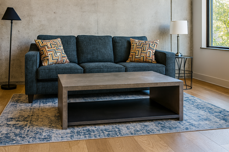West Elm Concrete Coffee Table w/ black metal shelf