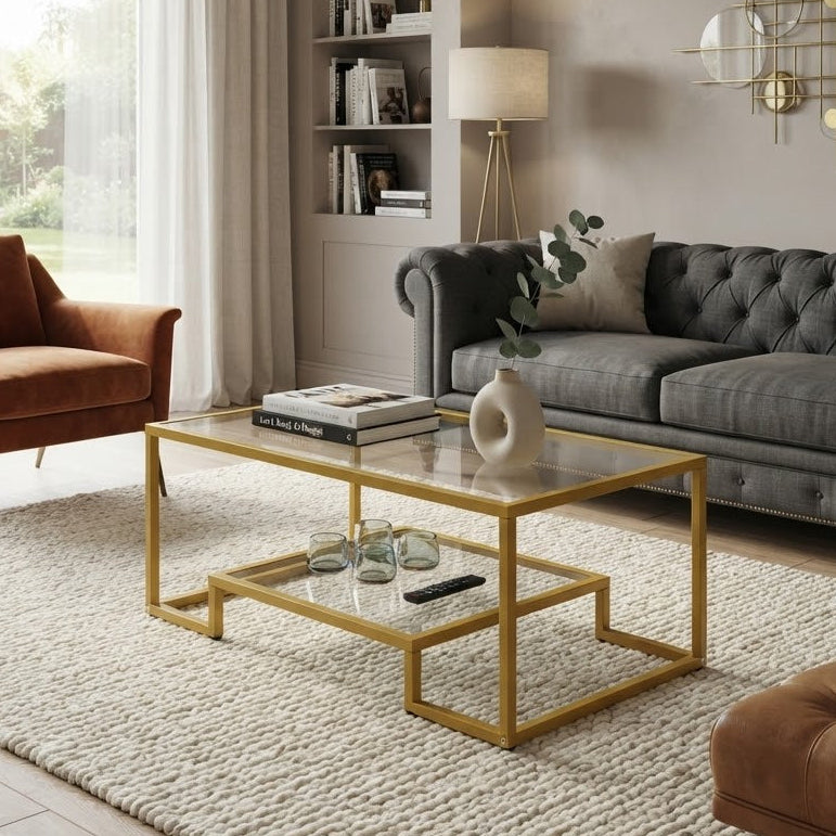 Ebern Designs Gold Trim Glass Coffee Table