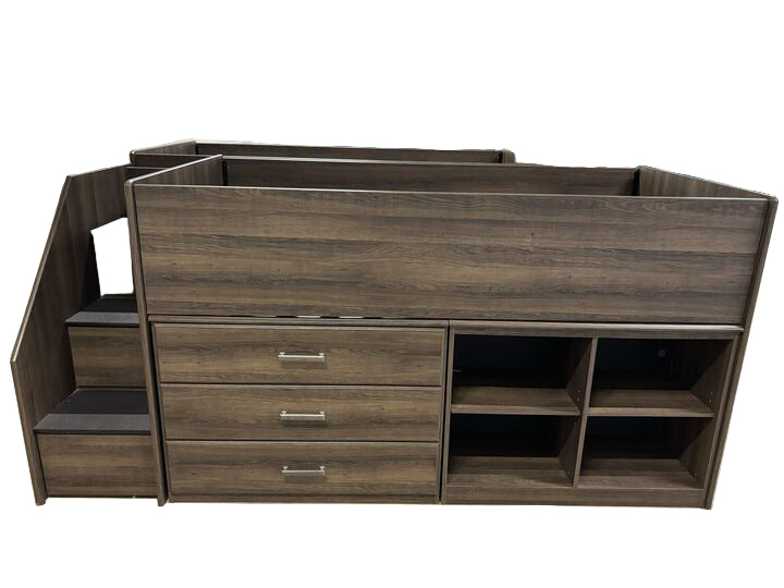 Twin Loft Bed with Right Storage Step, Bookcases and Chest
