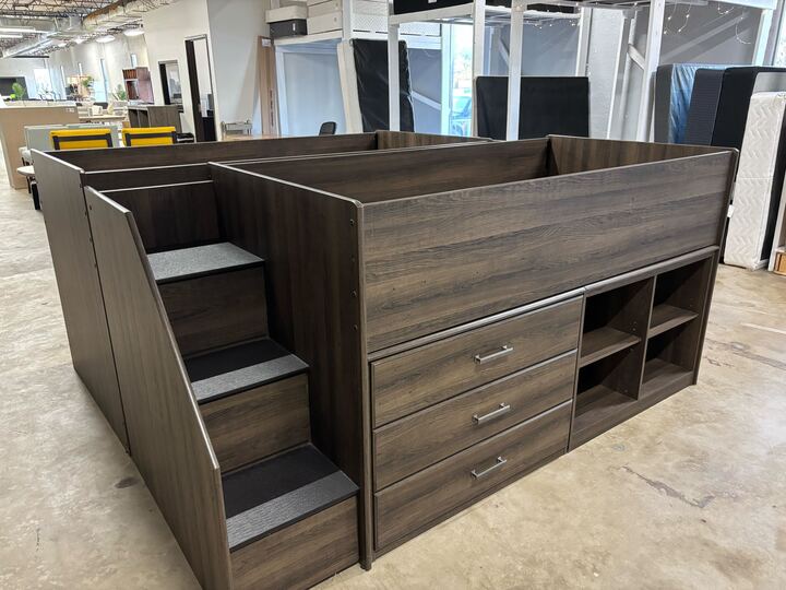 Twin Loft Bed with Right Storage Step, Bookcases and Chest