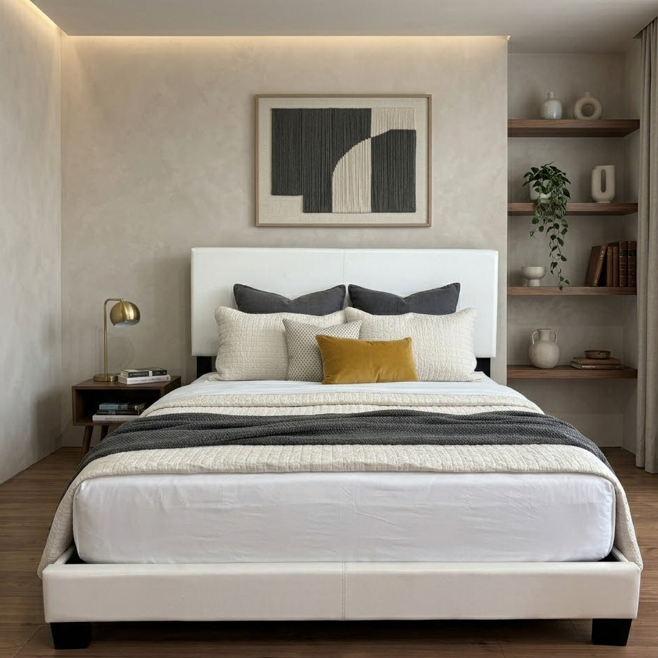 Home Depot Pessac White Upholstered Queen Bedframe